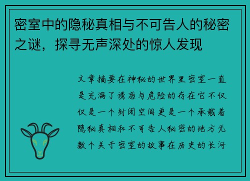 密室中的隐秘真相与不可告人的秘密之谜，探寻无声深处的惊人发现